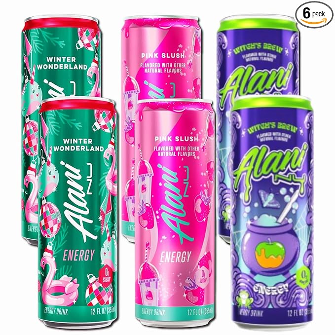 New Alani Sugar Free Energy Drinks Variety Pack Low Calorie12 oz (6 Pack) Witch's Brew Pink Slush Winter Wonderland