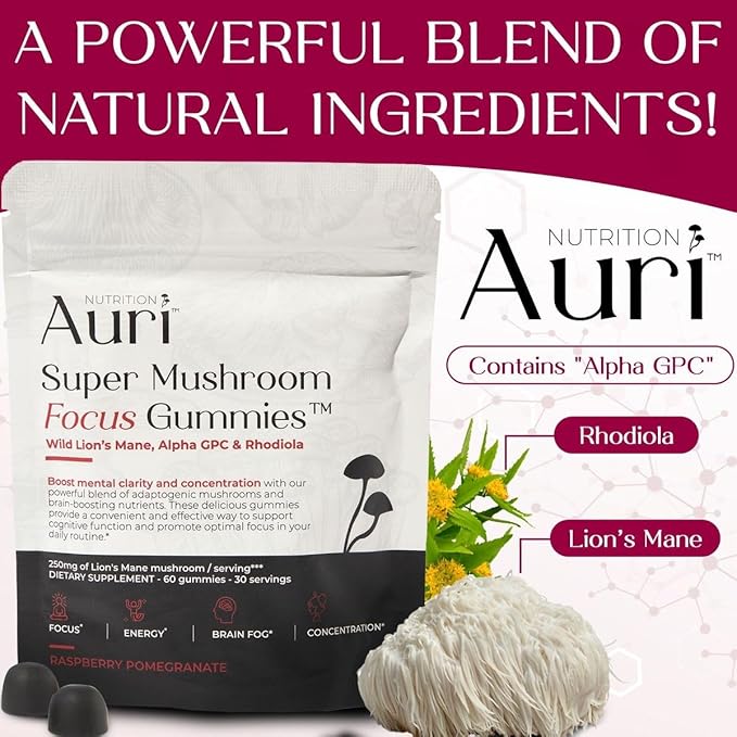 Auri Nutrition Super Mushroom Focus Gummies w/Lion's Mane Alpha GPC &amp Rhodiola – Mushroom Supplement to Support Cognitive Function Mental Clarity Focus &amp Energy 60 Gummies Vegan Friendly
