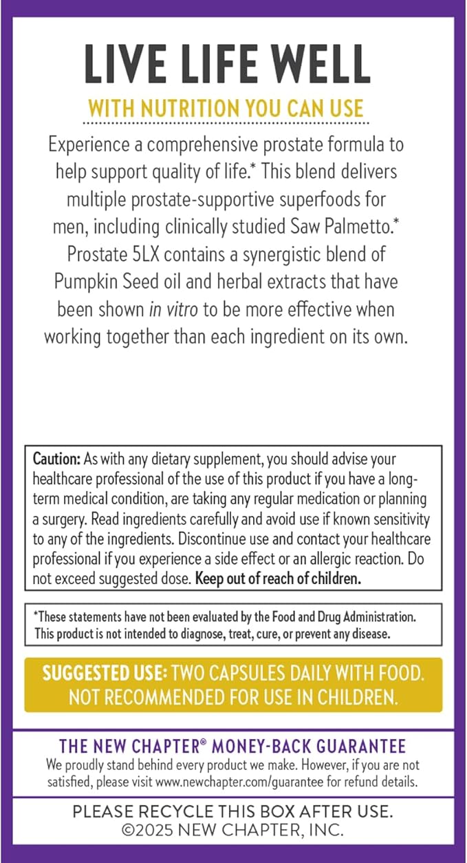 New Chapter Prostate Supplement - Prostate 5LX™ with Clinical Strength Saw Palmetto + Fermented Selenium for Men’s Wellness - 180 ct Vegetarian Capsule(Pack of 2)