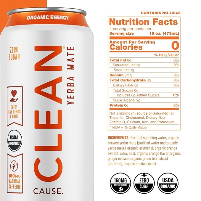 CLEAN Cause Zero Sugar Variety Pack Yerba Mate Tea Sparkling USDA Organic Energy Drink Alternative Zero Calorie 160mg Natural Caffeine Soda Alternative Plant-Based (16oz cans 12-Pack Case 3 Fla