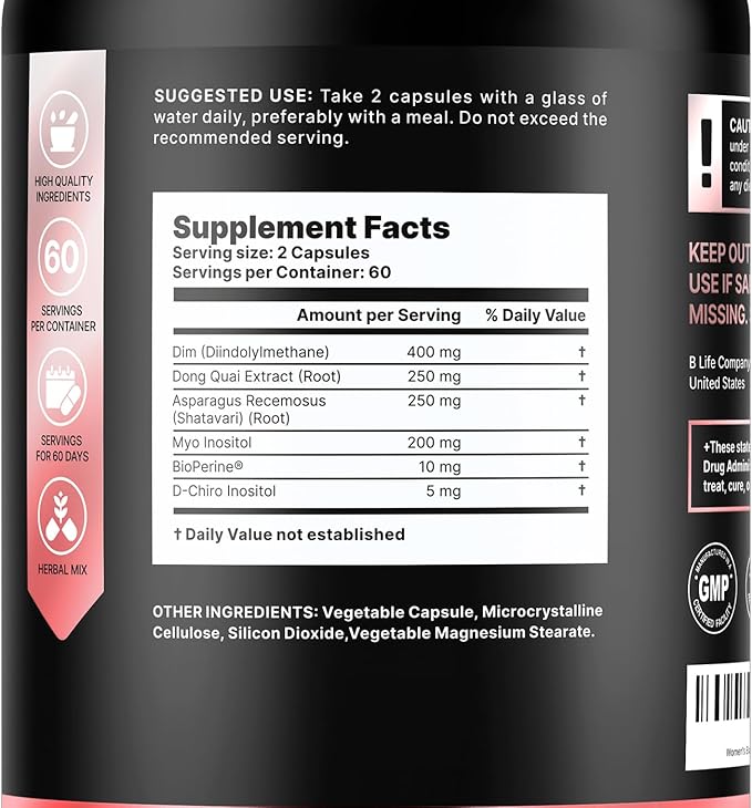 DIM Supplement 400 mg with Myo &amp D-Chiro Inositol Dong Quai – Hormone Balance for Women – Fertility Supplements – Inositol Supplement - 120 Caps