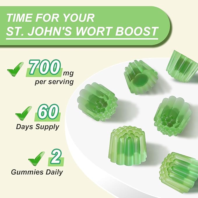 2 Pack St John's Wort Gummies 700mg Natural Herbal Supplement for Adults &amp Kids Support Calm Relaxation &amp Brain Health Vegan Non-GMO Gluten Free Apple Flavor 120 Count