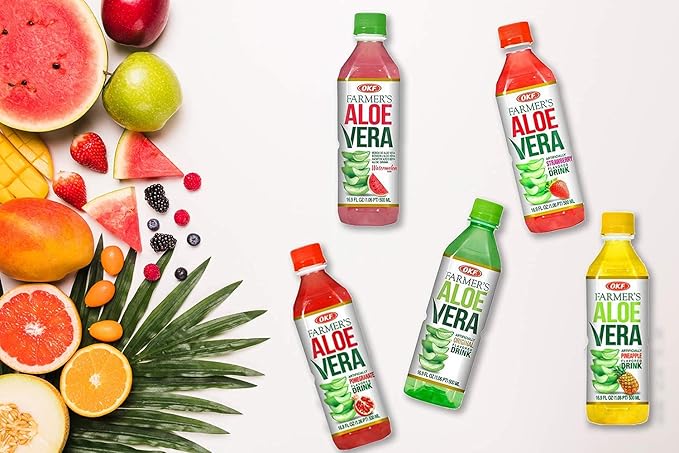 OKF Farmer's Aloe Vera Drink Flavored Variety Pack - Original Pomegranate Pineapple Strawberry Watermelon Flavored Aloe Drinks (16.9oz/500ml Bottles 10 Count)