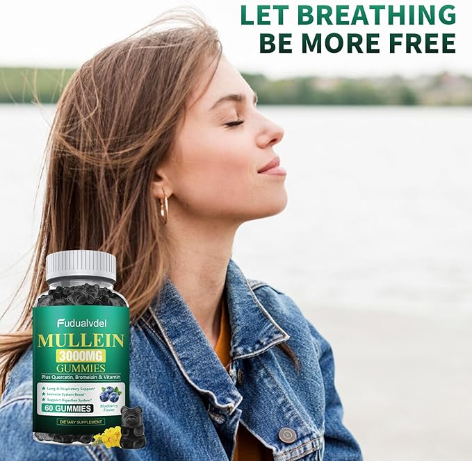 2 Packs 3000MG Organic Mullein Gummies for Lung Mullein Leaf Extract for Lungs - Quercetin Bromelain for RespirationImmune and Digestive Support 120 Count Blueberry Gummys