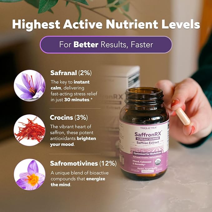 Organic Saffron Extract: Optimized Extract with Safromotivines Safranal and Crocins – Clinically Studied | Premium Persian Sargol Quality | Supports Mood Calmness and Relaxation – 30 Servings