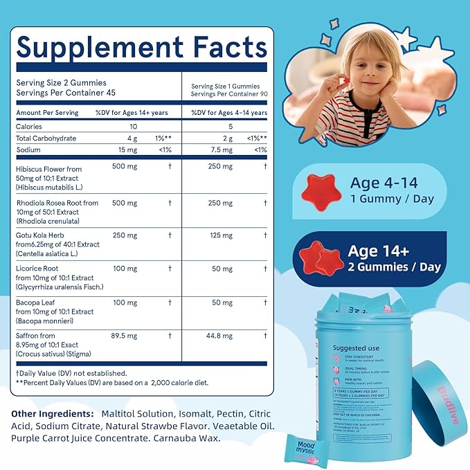 Saffron Gummies for Kids - Saffron Extract Supplement with GABA Calms Temper Tantrums Supports Happy Mood &amp Cognition Focus Calm Gummies for Kids 4+ Sugar Free Strawberry 90 Counts