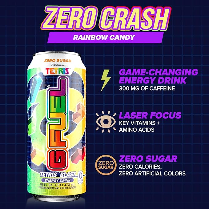 G Fuel Energy Drink Candy Flavor Sugar Free Beverage with 300mg Caffeine Daily Energy Boost with Focus Amino Vitamin + Antioxidants 16 oz Cans (Tetris 12-Pack)
