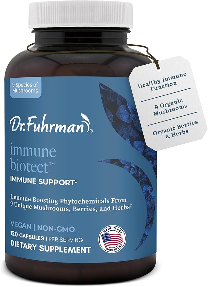 Dr. Fuhrman All Natural Immune Support Supplement | Whole-Food Derived Vitamin for Immunity Defense | Organic Mushrooms &amp Berries | Organic Lion’s Mane Maitake Reishi and Elderberry | 120 Caps