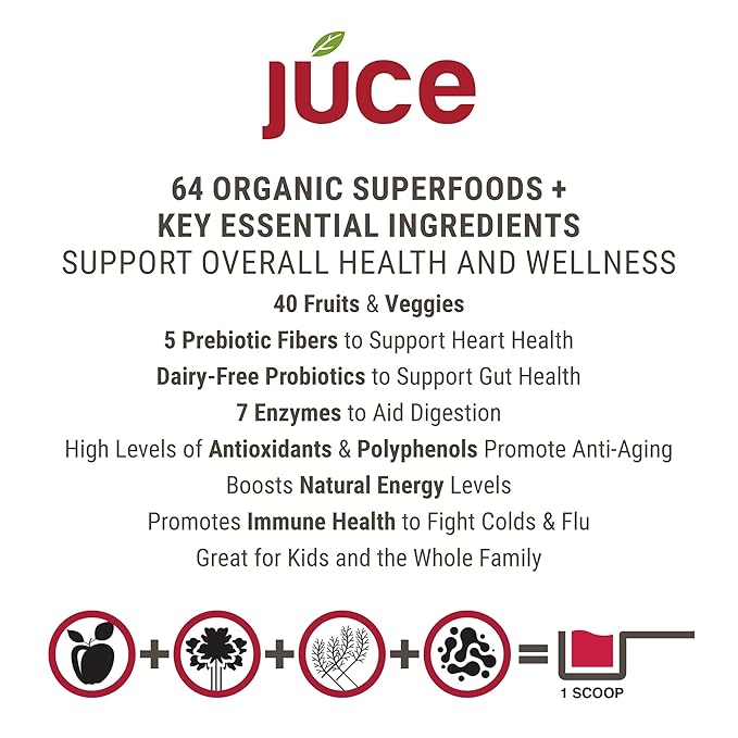 Terra Kai Organics JUCE Reds Organic Superfood Powder - Garden Berry Flavor | Fruit &amp Veggie Powder for Everyone w/64 Immune Boosting Superfood Plus Probiotics for Gut Health | 20 Servings (230g)