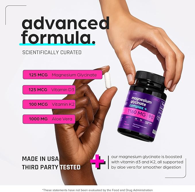 Magnesium Glycinate 1160mg + Aloe Vera D3 &amp K2 Complex 90 Capsules - High Absorption Non-Laxative - Supports Muscle Function &amp Healthy Metabolism Chelated Formula