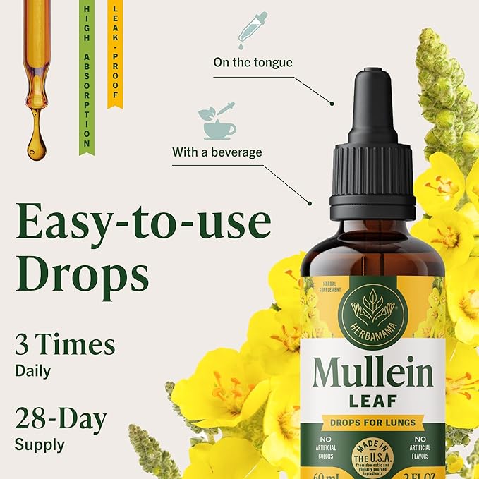HERBAMAMA Mullein Drops for Lungs - Vegan Lung Cleanse with Mullein Leaf Extract Echinacea Tincture &amp Licorice - Non-GMO Alcohol &amp Sugar-Free Respiratory Support Supplement - 28-Day Supply