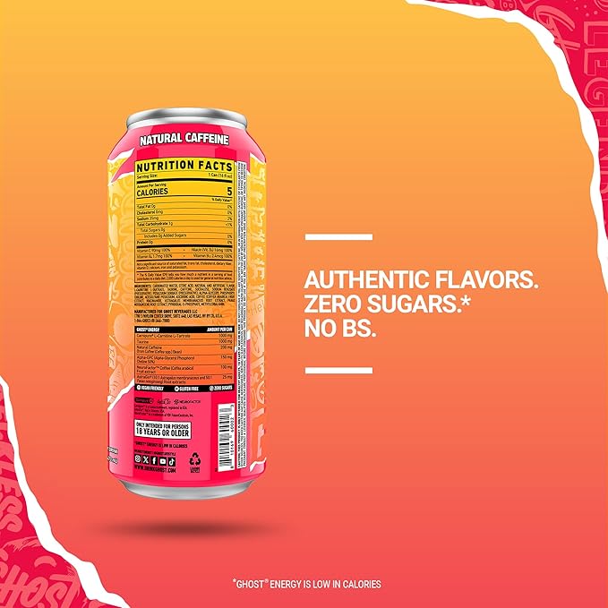 GHOST Energy DrinkStrawbango16oz - Energy &amp Focus &amp No Artificial Colors - 200mg of Natural CaffeineL-Carnitine-&amp Taurine - Gluten-Free-&amp Vegan(Pack of 24)