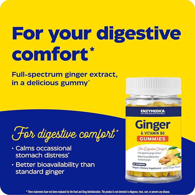 Enzymedica Ginger &amp Vitamin B6 Gummies Support for Occasional Nausea &amp Indigestion High Potency Equivalent to 200 mg Ginger Extract 60 Count