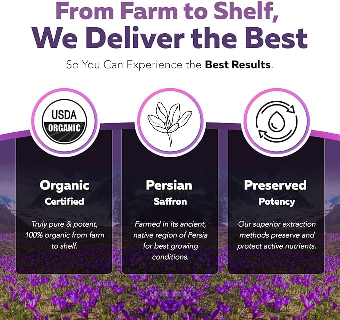Organic Saffron Extract: Optimized Extract with Safromotivines Safranal and Crocins – Clinically Studied | Premium Persian Sargol Quality | Supports Mood Calmness and Relaxation – 30 Servings