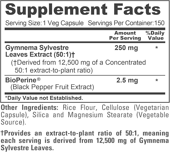NusaPure Gymnema Sylvestre 50:1 Extract 250 mg Equivalent to 12500mg Per Vegan Caps - 150 Count (Non-GMO Vegan Bioperine) (Pack of 2)