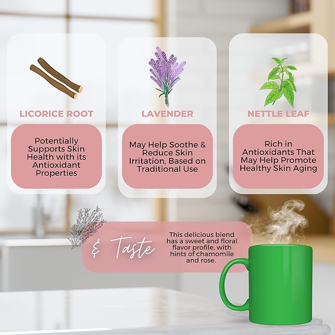 Healthy Glowing SkinAntioxidant Loose Leaves w/ Licorice Root Chamomile Lavender | Organic Herbal Tea | 2 oz (57 gram) | Decaf Vegan Healthy ZERO Caffeine Organic Herbs No Natural or Artifici