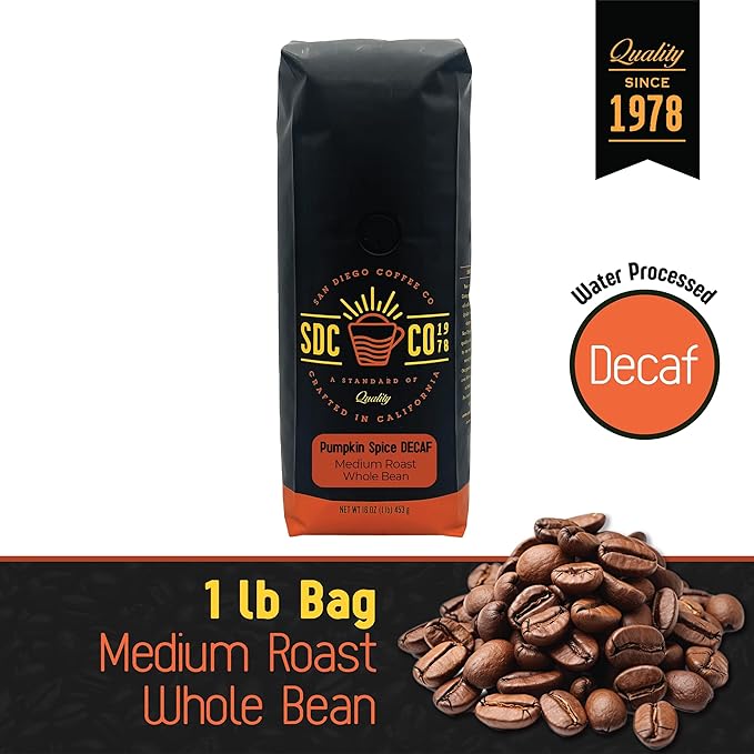San Diego Coffee DECAF Pumpkin Spice Medium Roast Whole Bean Coffee 16-Ounce Bag Café en grano tostado descafeinado