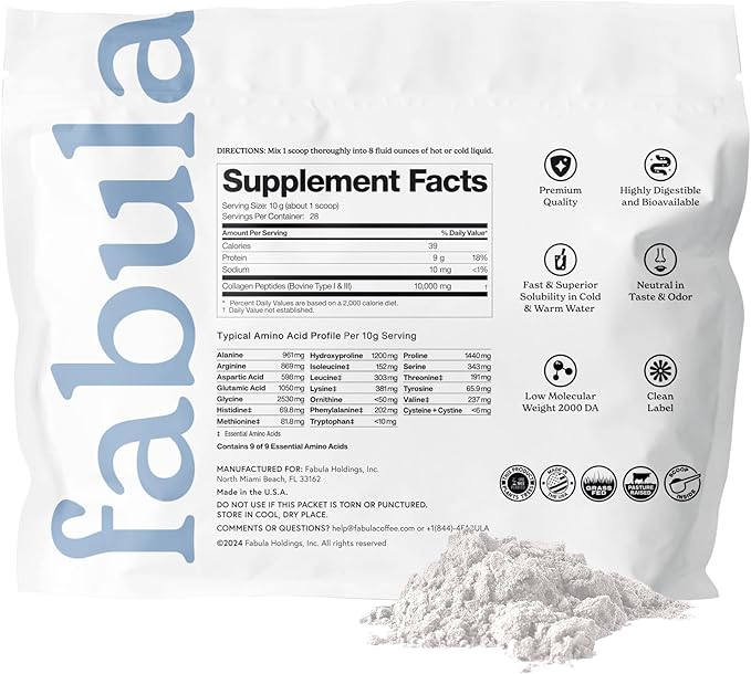 Fabula Collagen Peptides Powder Hydrolyzed Bovine Collagen Type 1 Type 3 - Grass-Fed Non-GMO Gluten Free - Flavorless 9.9 Oz 28 Servings