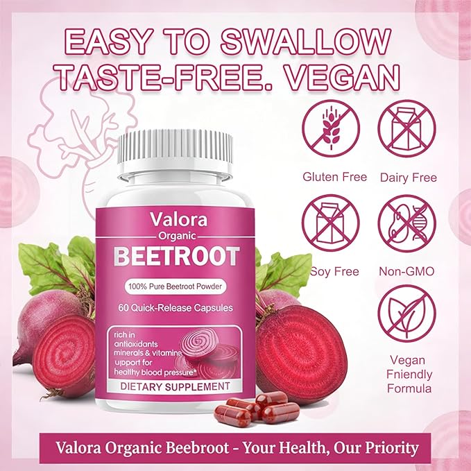 Valora Beetroot Powder Organic Beet Root Powder 1300mg Beet Root Powder Natural &amp Vegan Supplement 60 Capsules 30-Day Supply (60 Count (Pack of 1))
