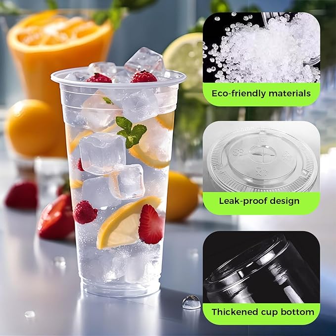 [100 SETS] 32 oz Cups with lids Plastic cups with lids and straws iced coffee cup suitable for takeout iced coffee cold drinks smoothies juices parfaits Frappuccinos and milkshakes.