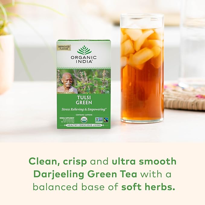 Organic India Tulsi Green Tea Bags - Holy Basil Tea African Basil Stress Relieving Immune Support USDA Certified Organic Premium Darjeeling Green Tea Caffeinated - 18 Infusion Bags 6 Pack