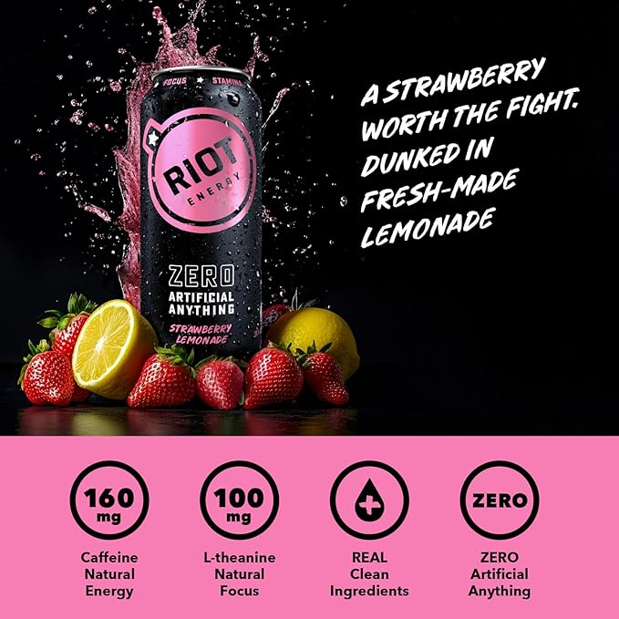 RIOT Clean Energy Drink – Strawberry Lemonade | No Sucralose No Sugar Added No Artificial Flavors | 160mg Natural Caffeine + 100mg L-Theanine | Clean Focus Stamina &amp Energy | 16 Fl Oz (Pack of