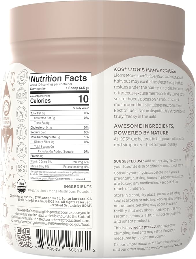 KOS Organic Lion's Mane Powder - Natural Nootropic Superfood - Vegan Functional Mushroom Plant Based USDA Certified Non-GMO Soy &amp Gluten-Free - 104 Servings