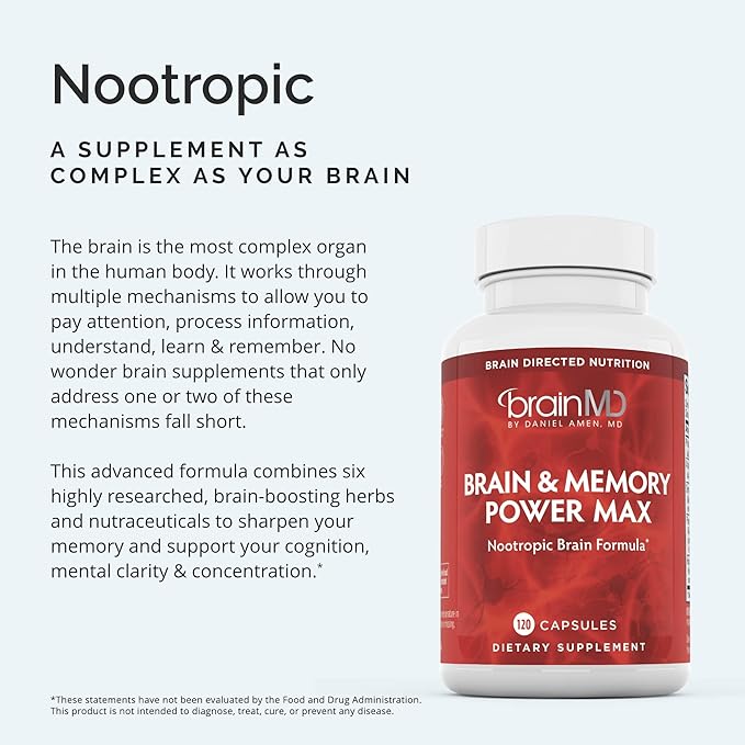 BRAINMD Dr Amen Brain &amp Memory Power MAX - 120 Capsules - Nootropic Supplement with Ginkgo Biloba Extract &amp Huperzine A - 30 Servings
