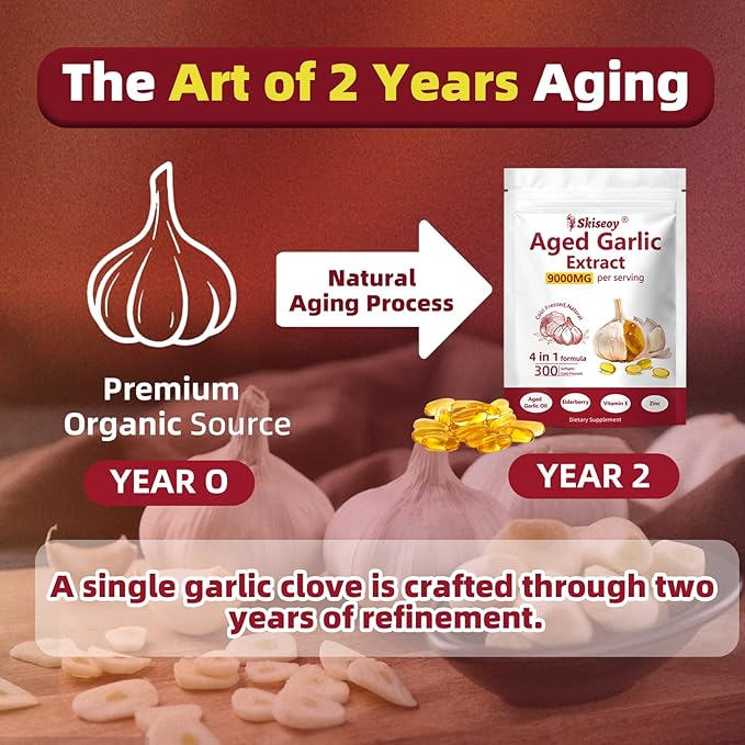 Aged Garlic Extract Capsules – 9000mg High Potency 2 Years Matured Odorless Garlic Supplements with Elderberry Vitamin E &amp Zinc for Heart &amp Immune Support Antioxidant Supplements 300 Softge