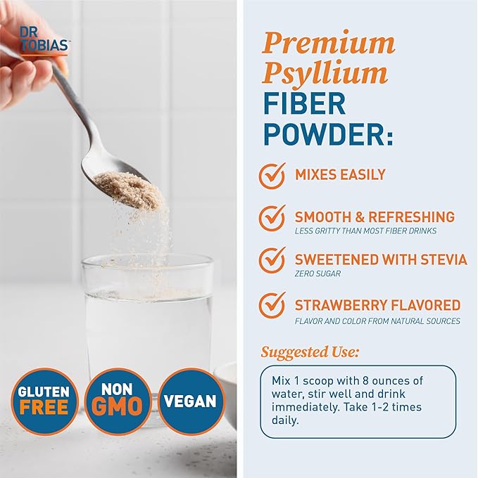 Dr. Tobias Colon Everyday Health - Gut Health for Women &amp Men - Psyllium Fiber Powder Drink with 4g Psyllium Husk Powder per Serving Vegan Gluten Free Non-GMO Strawberry Flavor 60 Servings