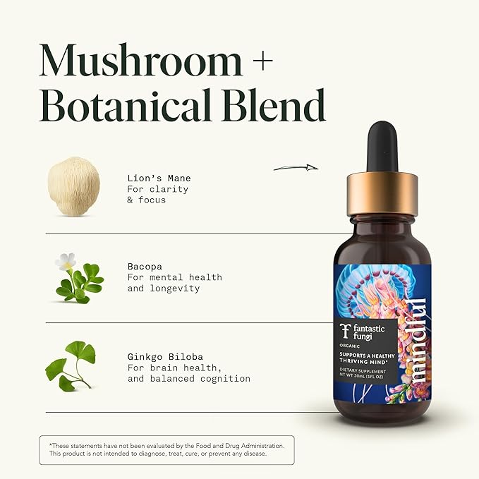 Fantastic Fungi Organic Mushroom Tincture - Mindful Elixir with Lions Mane Mushroom Extract Bacopa &amp Ginkgo Leaf - Drops for Focus Clarity &amp Memory Support - Formulated in USA 30 Servings