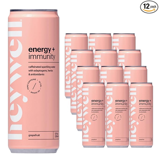 Heywell Sparkling Adaptogenic Water Energy and Immunity Grapefruit Flavor 12 Fluid Ounce (Pack of 12) - Caffeinated Organic Non GMO Vegan Gluten Free Dairy Free