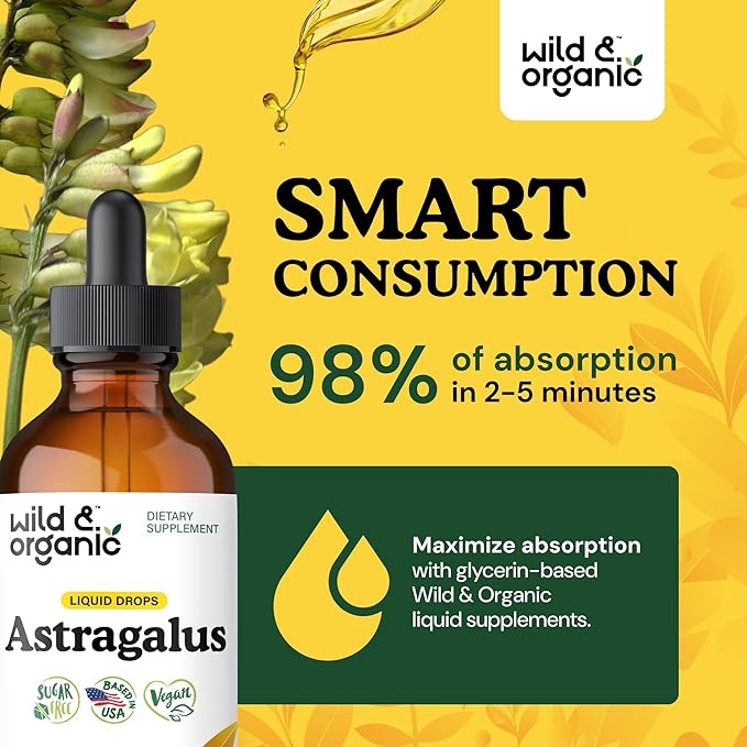Wild &amp Organic Astragalus Root Extract Drops - Immune Support - Liquid Astragalus Supplement - Add to Tea &amp Mix with Powder - Membranaceus Herb - Vegan Sugar &amp Alcohol-Free Tincture - 4 f