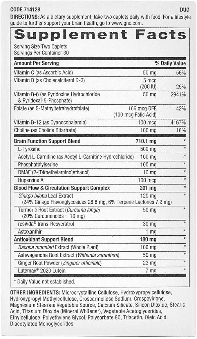 GNC Preventive Nutrition Brain Health Formula 60 Caplets Supports Memory Function and Enhances Circulation