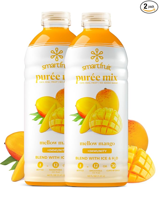Smartfruit Mellow Mango + Immunity – 100% Real Fruit Purée w/Mango Banana Apple Pineapple – Great for Smoothies Juice Yogurt Cocktails Tea – High in Vitamin C Selenium Zinc – 2-Pk 48oz Each