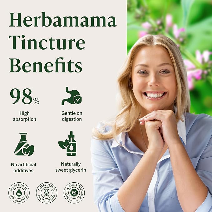 HERBAMAMA Motherwort Tincture - Vegan Motherwort Herb Extract Calm Drops for Women's Support - Non-GMO Alcohol &amp Sugar-Free Liquid Relaxation Supplement 28-Day Supply