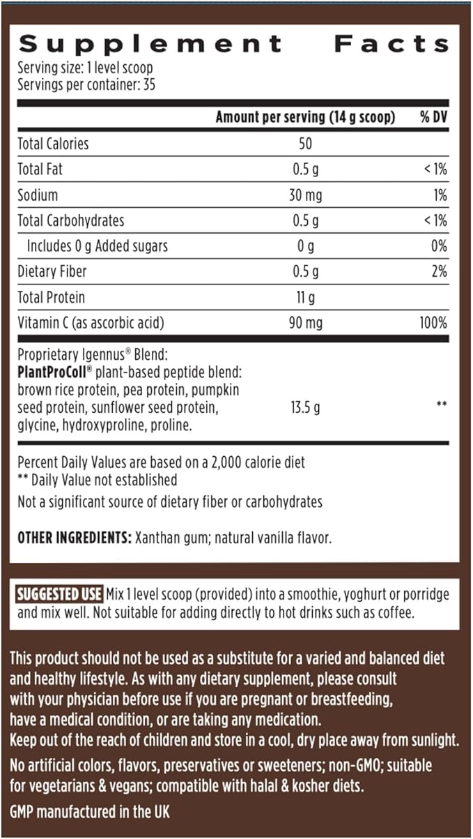 Igennus Advanced Vegan Vanilla Collagen Peptide Powder Enhanced with Glycine Proline &amp Hydroxyproline &amp Cofactor Vitamin C Non GMO Vegetarian Plant Based Collagen Powder Booster 35 Servin