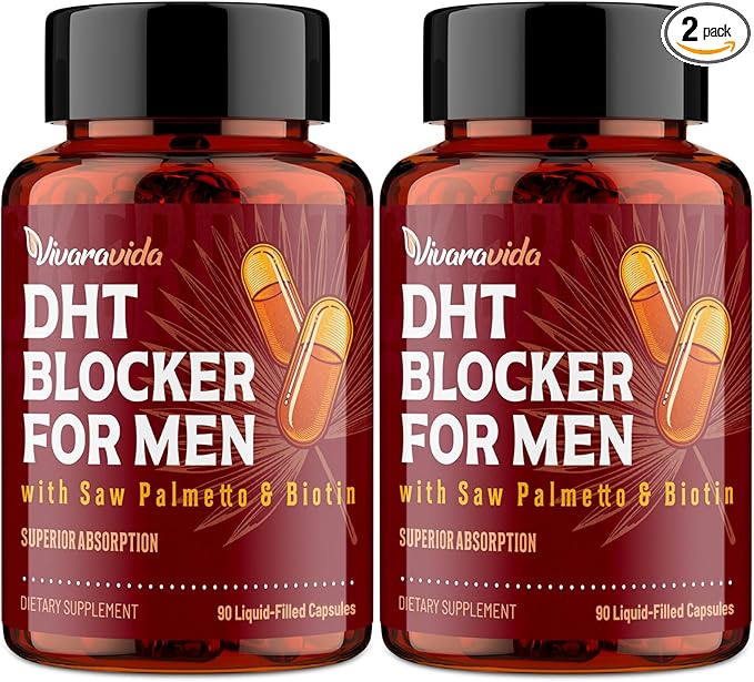 DHT Blocker for Men | Hair Growth Vitamins Supplement with Saw Palmetto &amp Biotin - Hair Regrowth - Natural Hair Loss Supplements Liquid-Filled - Proprietary Herbal Blends (180 Capsules)