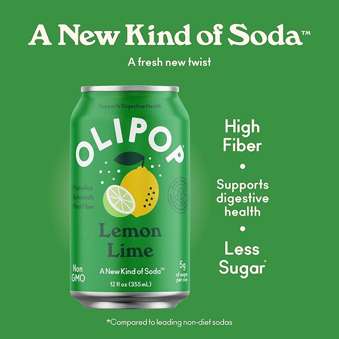 OLIPOP Prebiotic Soda Pop Lemon Lime Pantry Pack Packed with Prebiotics Fiber and Botanicals Gluten Free GMO Free 12oz (12-Cans)