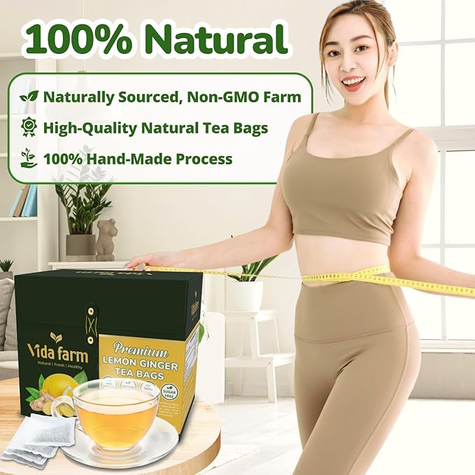 VIDA FARM 100 Lemon Ginger Tea Bags 100% Natural Ingredients - Warming &amp Spicy Blend Caffeine Free Sugar Free Non-GMO Lemon &amp Ginger Herbal Tea Beverage