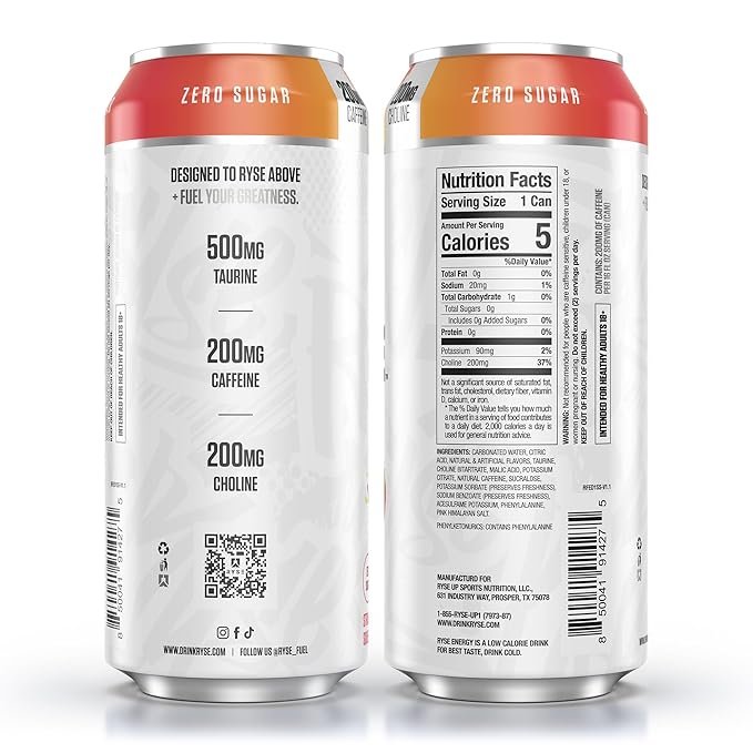 RYSE Fuel Energy Drink - Strawberry Squeeze - Sugar Free Gluten Free &amp Vegan - 200mg Natural Caffeine Taurine &amp Choline for Focus &amp Energy - No Artificial Colors - 16 fl oz Cans (12-Pack