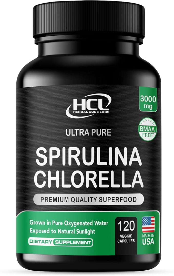 Chlorella Spirulina Powder Capsules 3000 mg of BMAA Free Purest Blue Green Algae - Best Natural Detox Raw Vegan Vitamins Protein Green Superfood - Made in USA