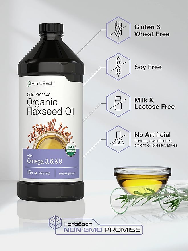 Horbäach Organic Flaxseed Oil | 3 Pack | 16 fl oz Each | Cold Pressed | with Omega 3 6 9 | Vegetarian Non-GMO Gluten Free Liquid