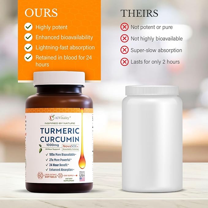 A1Vitality NovaSOL Turmeric Curcumin 1000mg – Clinically Proven 185x Higher Absorption – Promotes Joint Comfort Mobility &amp Overall Wellness – Non-GMO Doctor Formulated 60 Softgels.