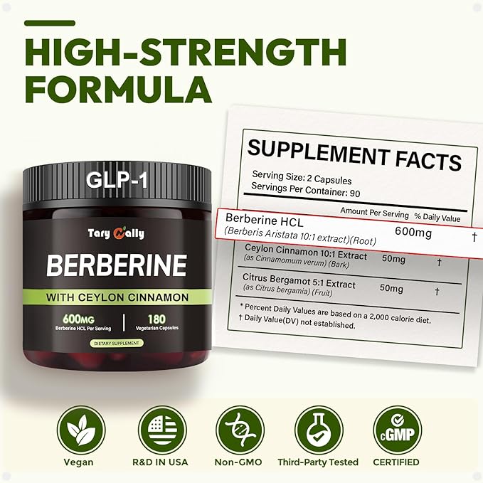 Liposomal Berberine Supplement - 180 Capsules Organic Berberine with Ceylon Cinnamon &amp Citrus Bergamot Supplement Metabolism &amp Blood Sugar Support for Women and Men 3-Month Supply