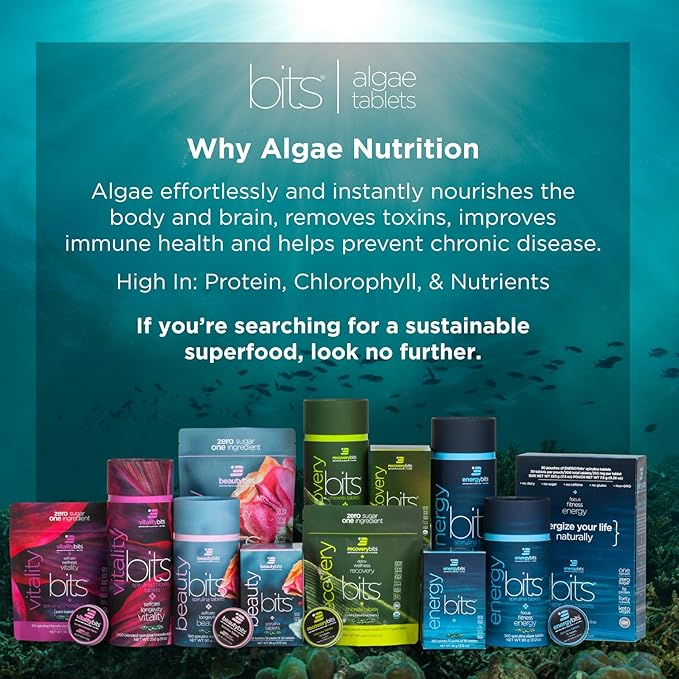 ENERGYBITS - Organic Spirulina Tablets - Plant-Based Algae Superfood - for Focus Fitness Energy - Plant Protein - Gluten Free - Collagen Vitamin B12 Omega 3 - Keto &amp Vegan - 900 Algae Tablets