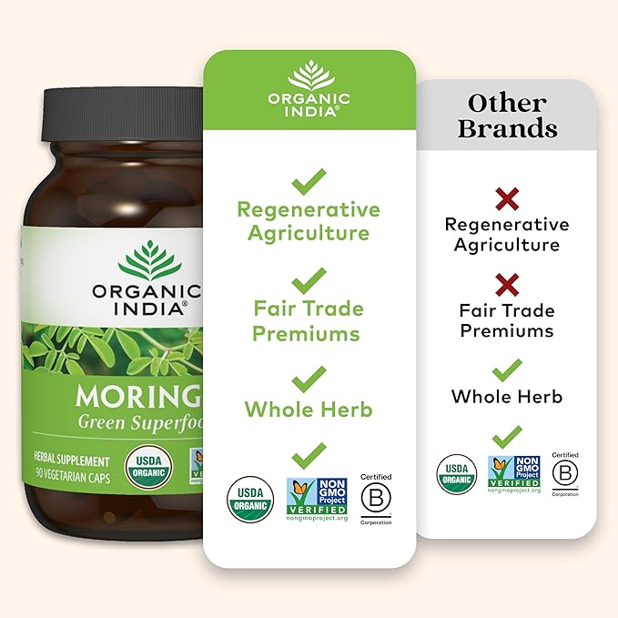 ORGANIC INDIA Moringa Herbal Supplement - Green Superfood Nutrient Dense Pure Plant Protein Vitamin A E K Iron Calcium Fiber Vegan Gluten-Free USDA Certified Organic - 90 Capsules