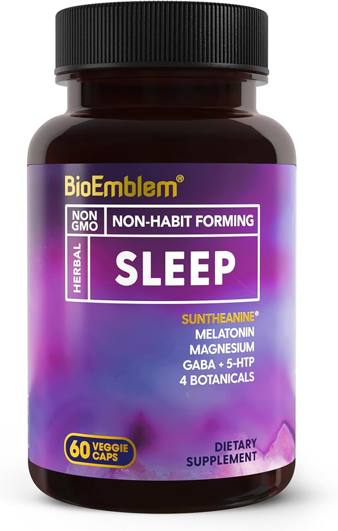 BioEmblem Natural Sleep Aid for Adults with Melatonin Valerian Root Suntheanine &amp More | Healthy Sleep Supplement | Herbal Sleeping Pills | 60 Capsules