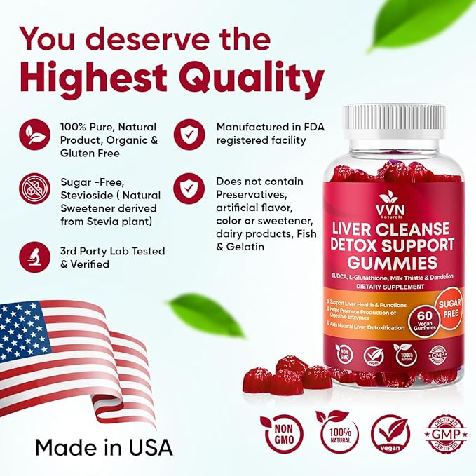 VVNaturals Sugar-Free 26-in-1 Liver Cleanse Detox &amp Repair Fatty Liver Formula Gummies 3000mg Blend of Glutathione Silymarin Milk Thistle Choline TUDCA | Liver Detox Gummies - 60 Vegan Ct