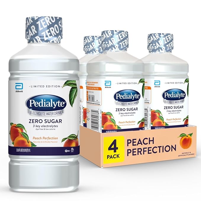 Pedialyte Electrolyte Water With Zero Sugar | Hydration With Key Electrolytes | Hydration Low in Calories | Peach Perfection 1 Liter Pack of 4